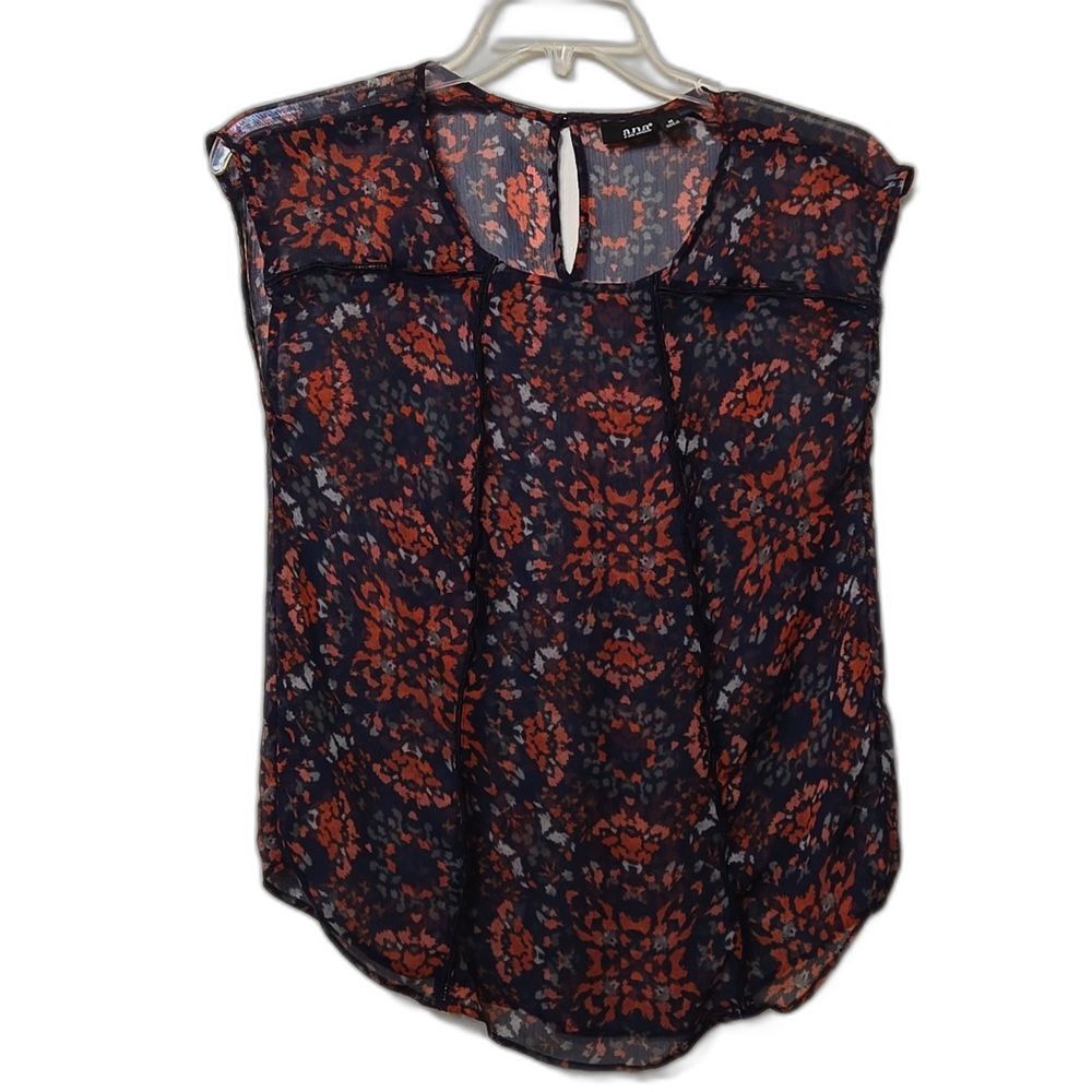 a.n.a A New Approach Size M Sheer Womens Blouse Top Blue Red Floral